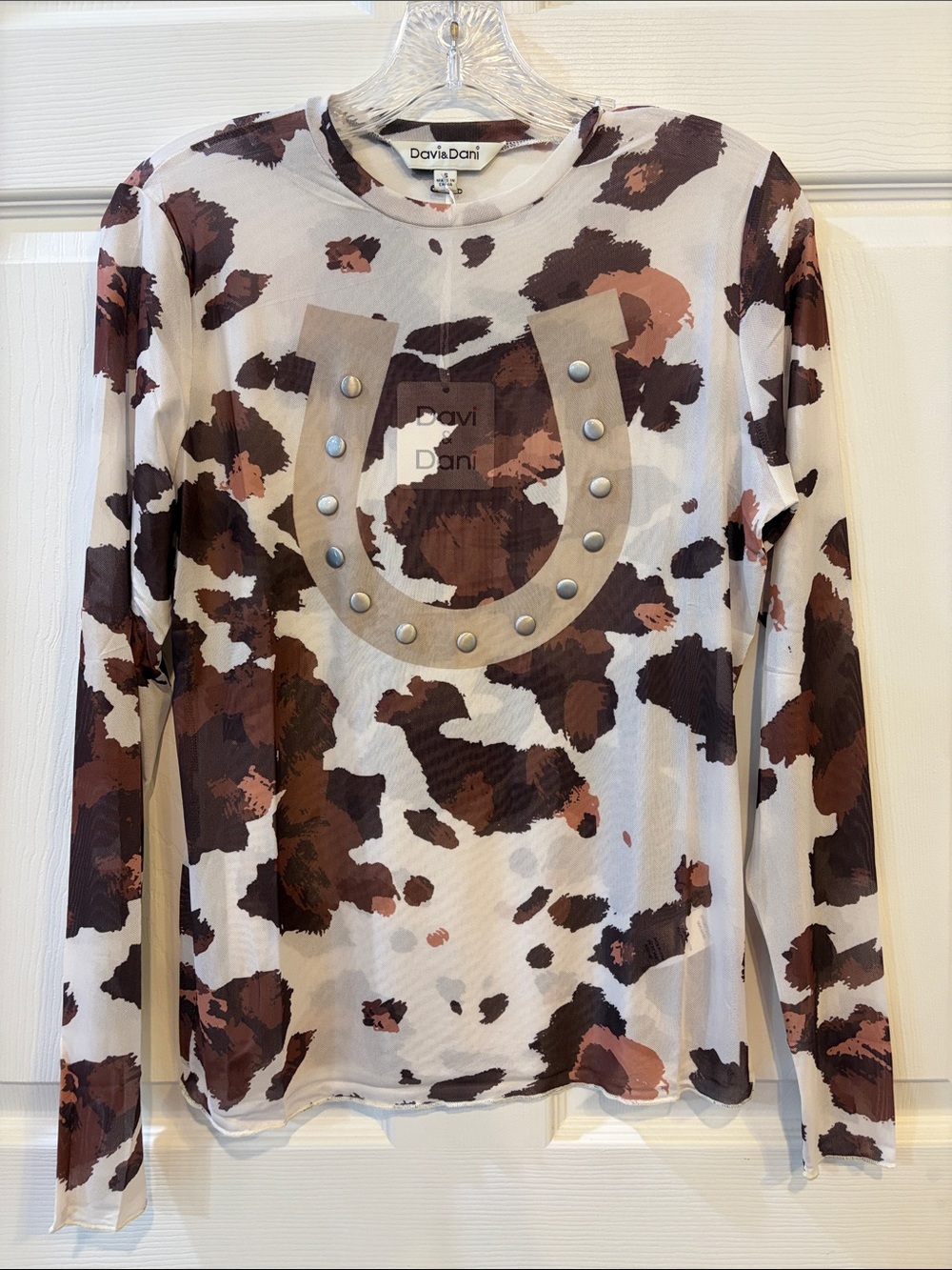 NWT DAVI & DANI Brown White Cowprint Long Sleeve Mesh Top Studded Horseshoe